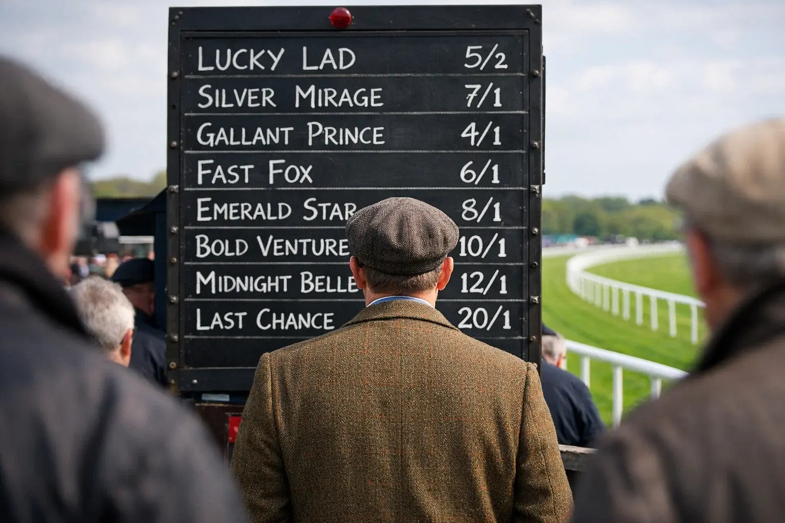 Racegoer checking odds on a betting board at a British horse racecourse on a bright afternoon