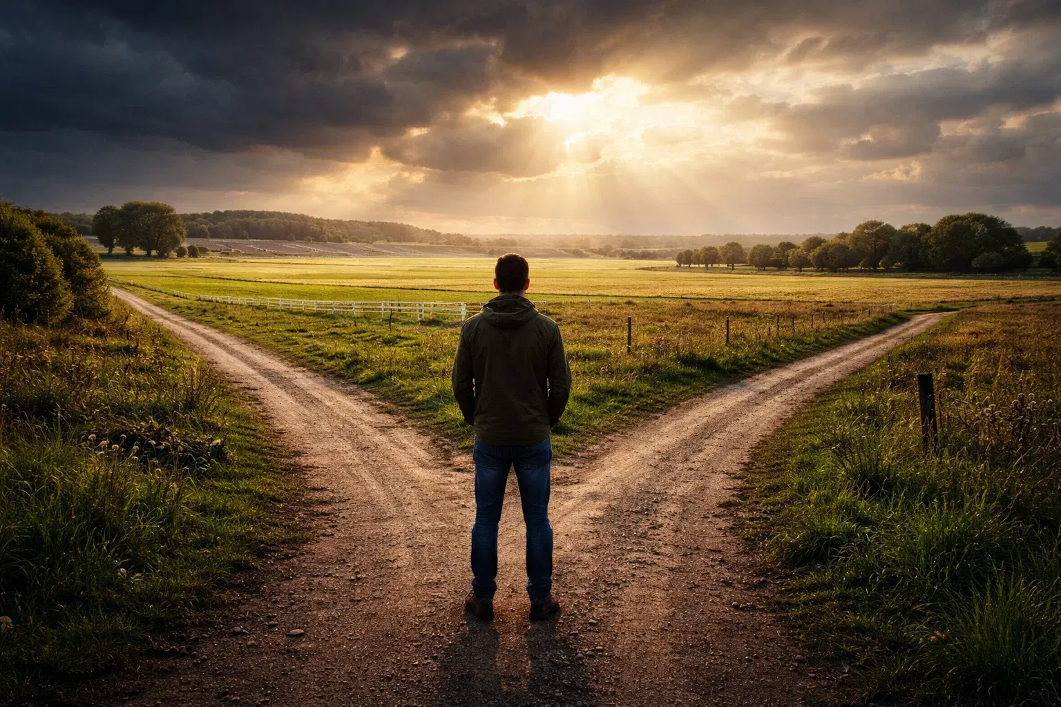 Person standing at a crossroads path with a horse racecourse visible in the distance under a dramatic sky