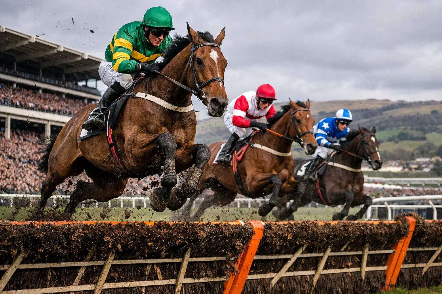 Horses clearing a hurdle at Cheltenham racecourse with the Cotswolds hills and packed grandstand behind