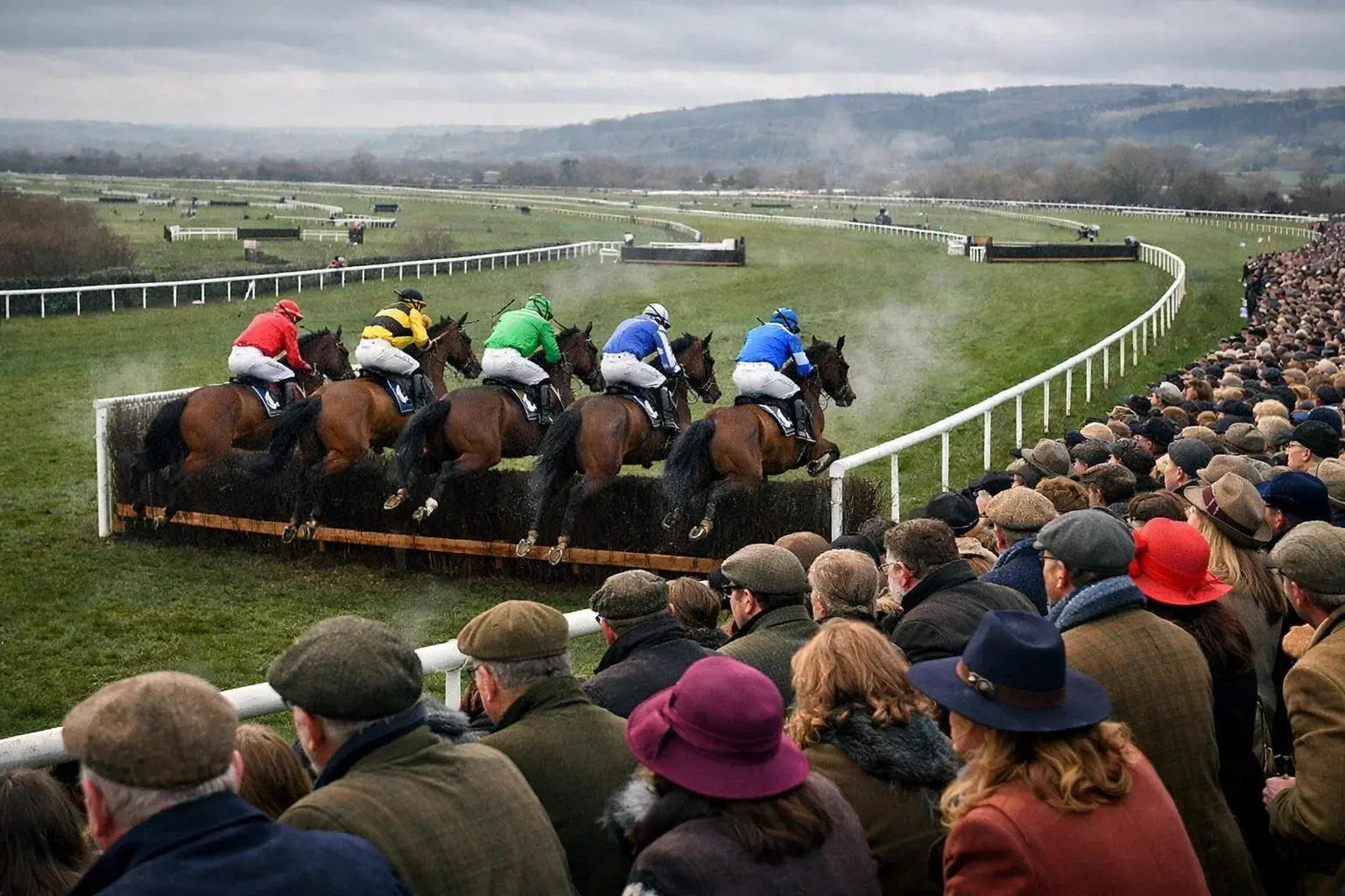 Packed grandstand at a major UK horse racing festival with horses jumping fences on a green course