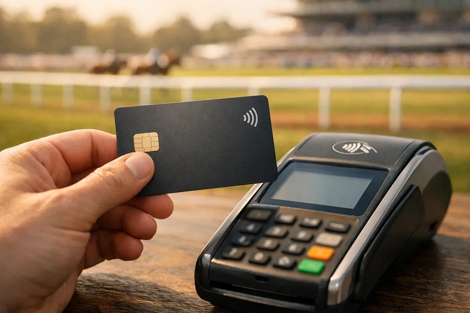 Hand holding a payment card near a contactless terminal with a horse racing event in the soft background