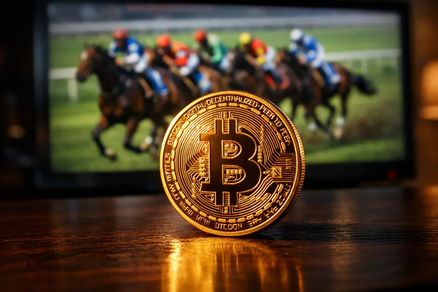 Golden Bitcoin coin placed on a wooden table with a blurred horse race on a television screen behind