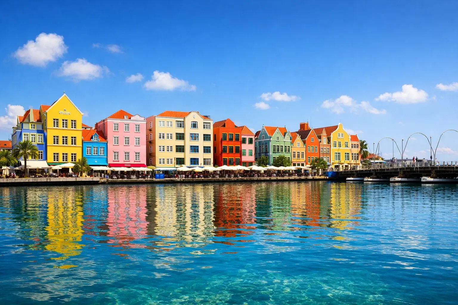 Colourful waterfront buildings of Willemstad Curaçao with a clear blue Caribbean sky