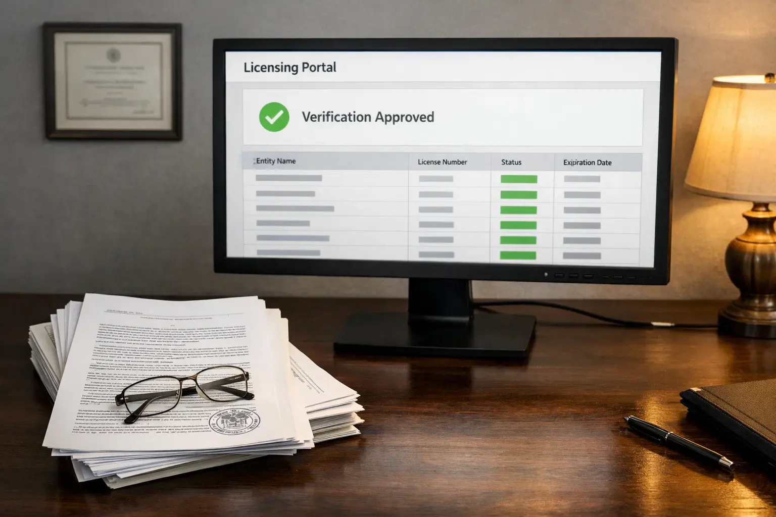 Official licensing document and verification portal on a computer screen in a professional office