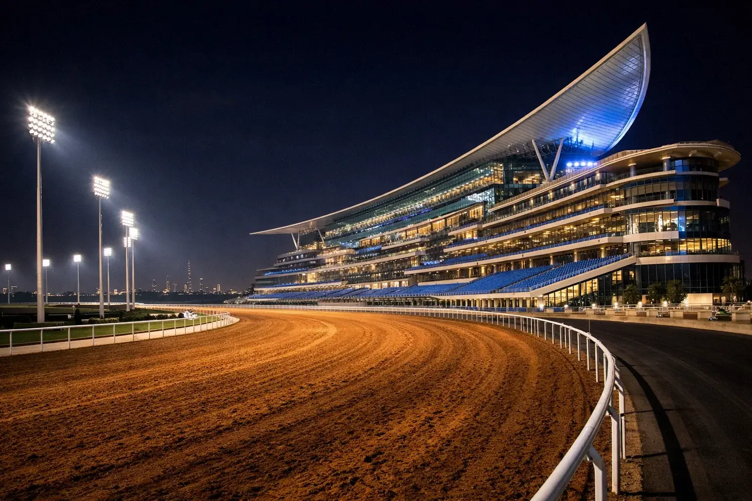 Meydan Racecourse in Dubai at night with floodlights illuminating the track and grandstand