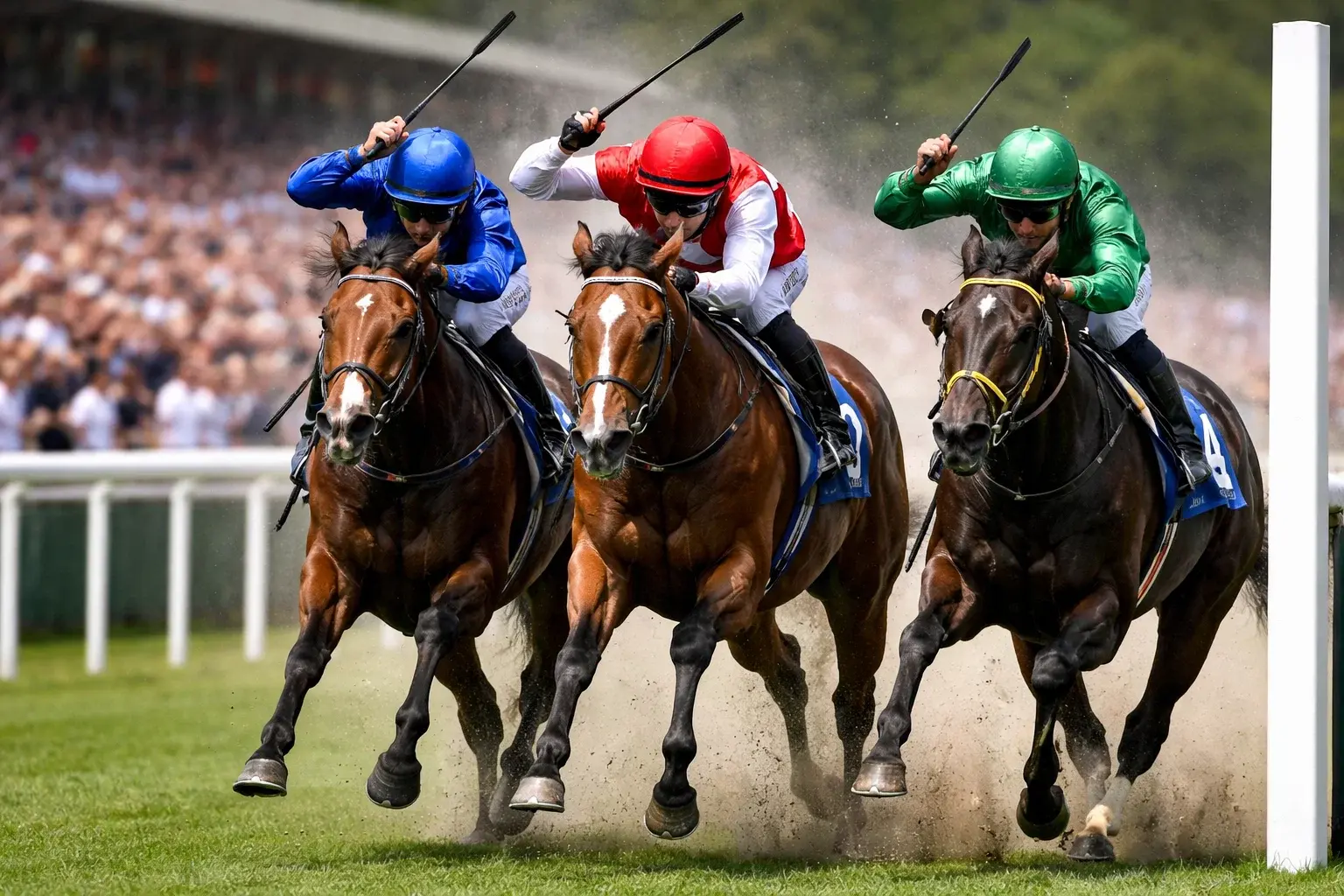Tight finish of a horse race with three horses crossing the line together at a British racecourse