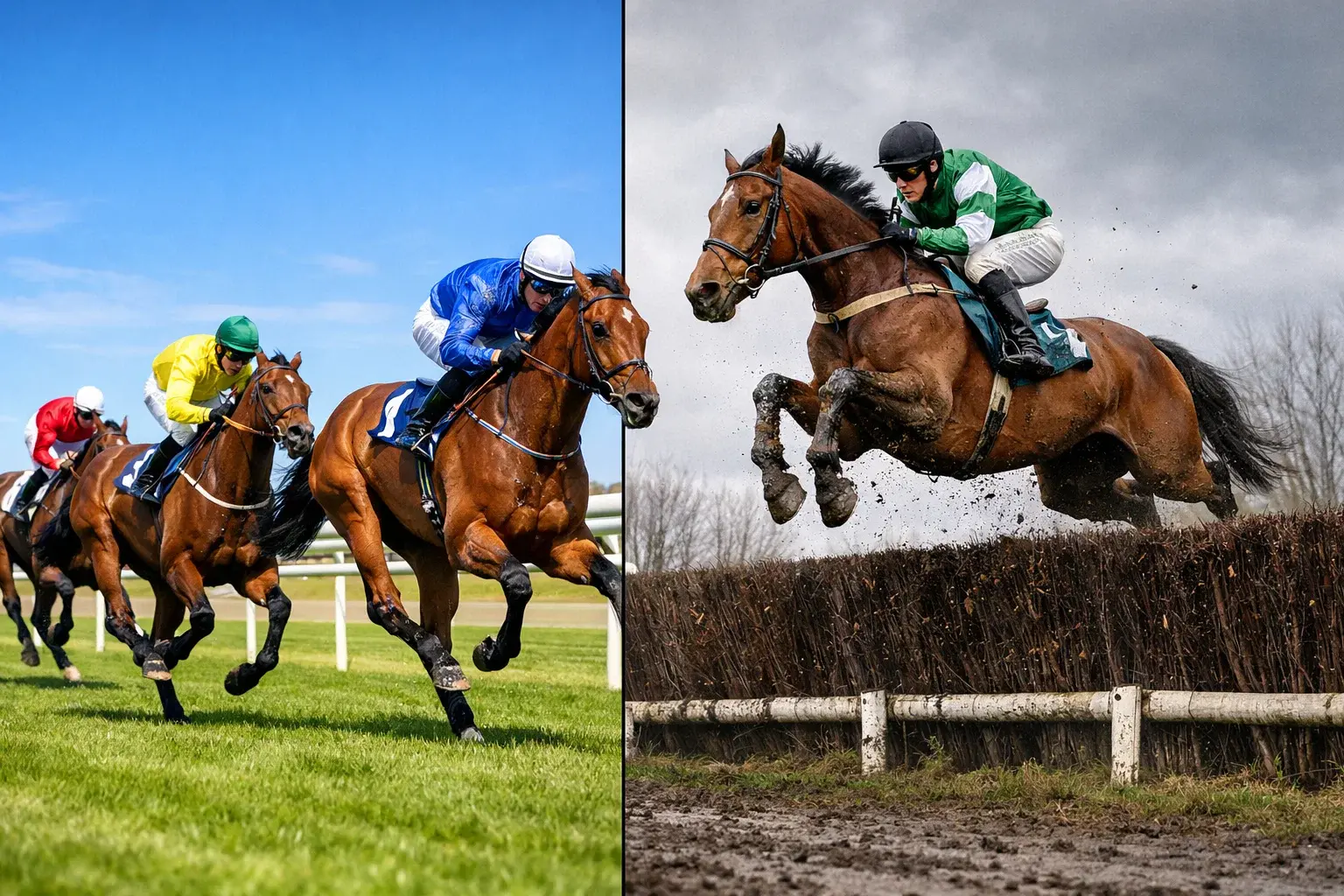 Split image of a flat racing sprint finish on summer turf and a steeplechaser clearing a birch fence in winter