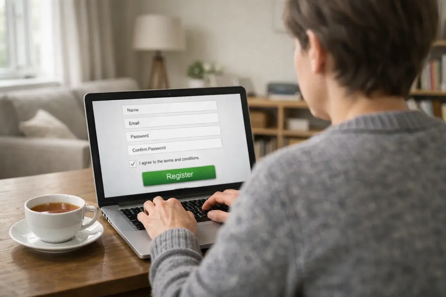 Person registering for GamStop self-exclusion on a laptop screen in a UK living room