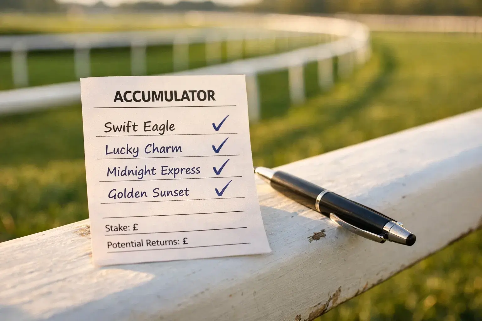 Betting slip with multiple horse racing selections highlighted resting on a racecourse railing