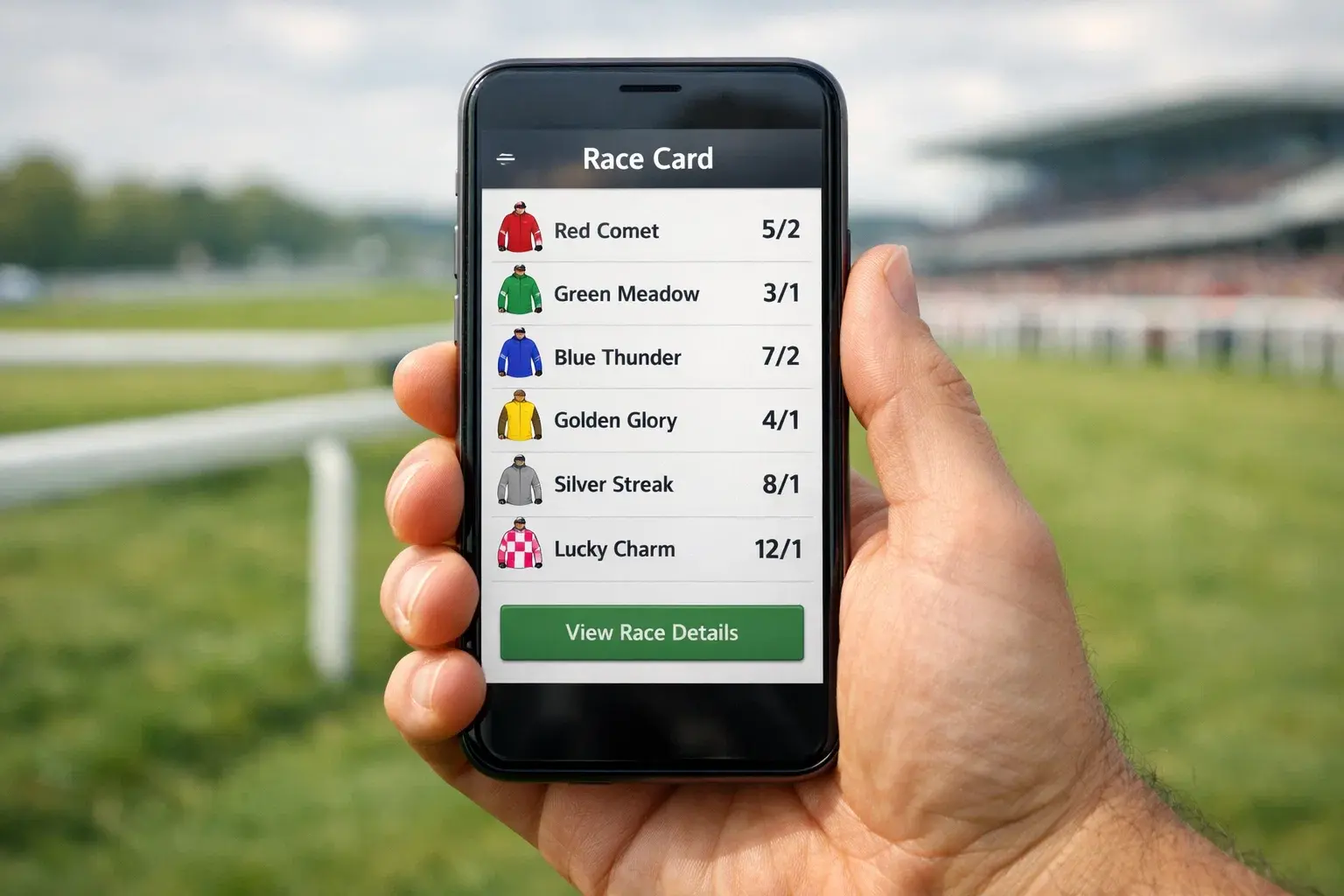 Person using a horse racing betting app on a smartphone while watching a live race at the track
