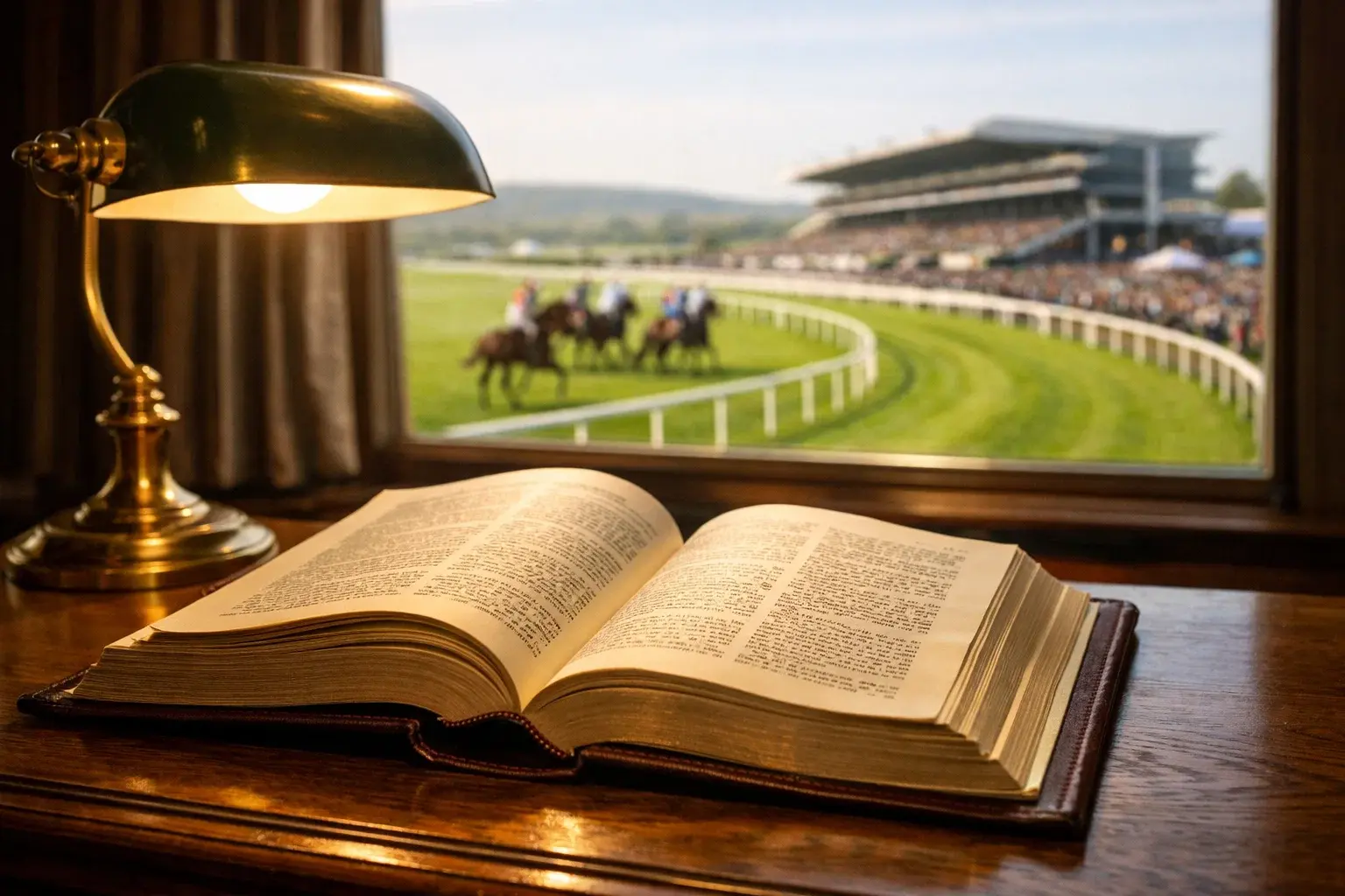 Leather-bound legal book open on a desk with a British racecourse scene visible through the window