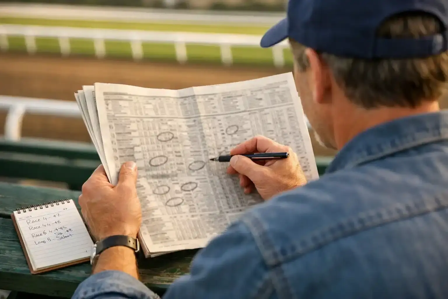 Punter studying a horse racing form guide with a pen and notebook at a racecourse on a bright day