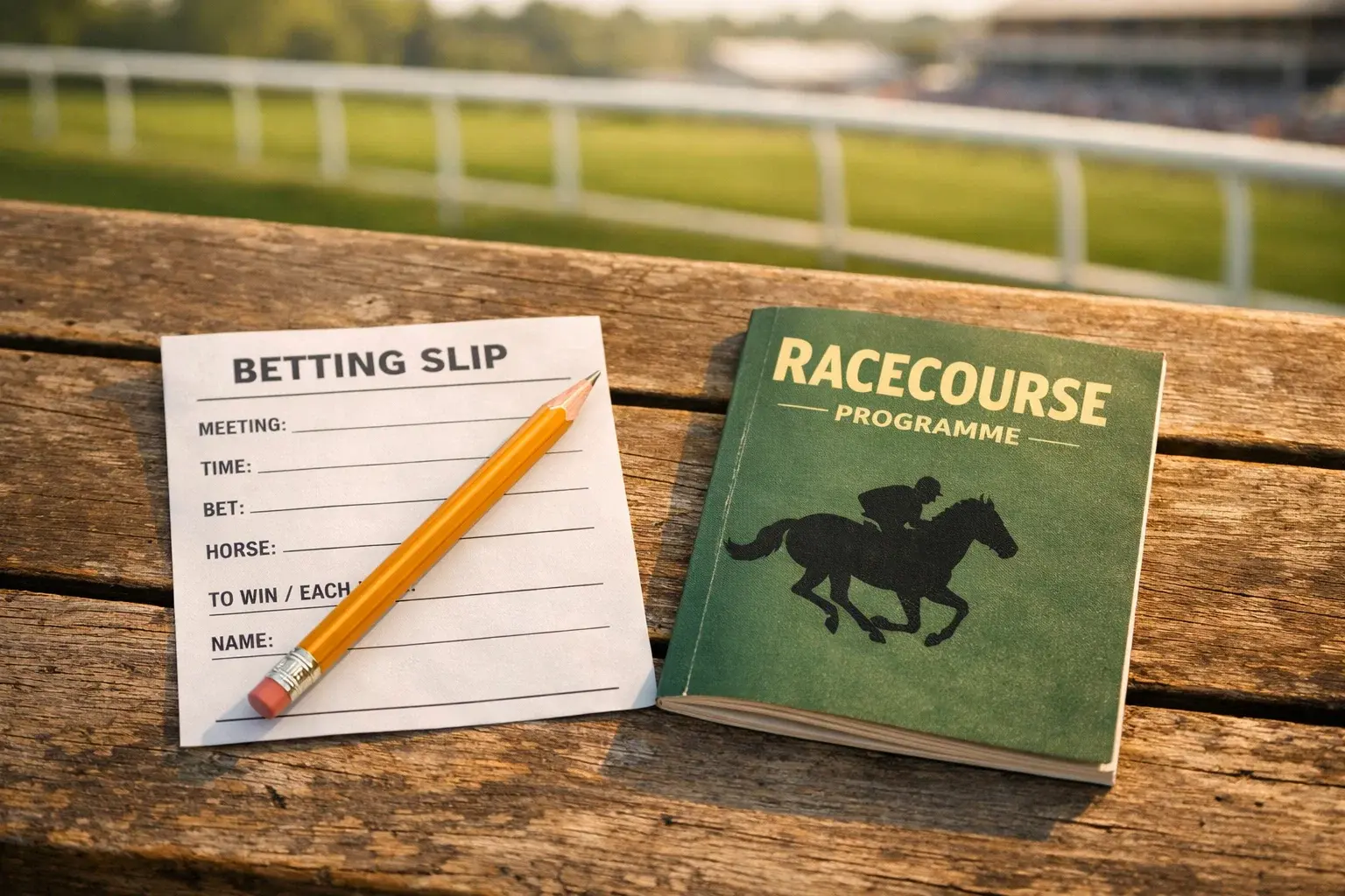 Close-up of a hand holding a smartphone showing a horse racing free bet offer with a racecourse in the background