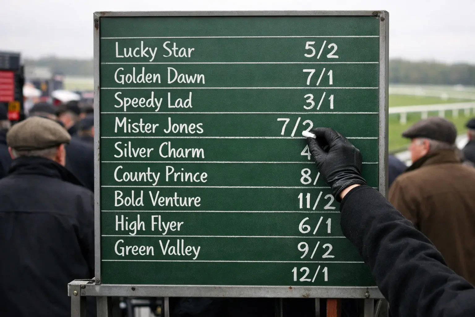 Odds board at a horse racecourse showing fractional prices for runners in a featured race