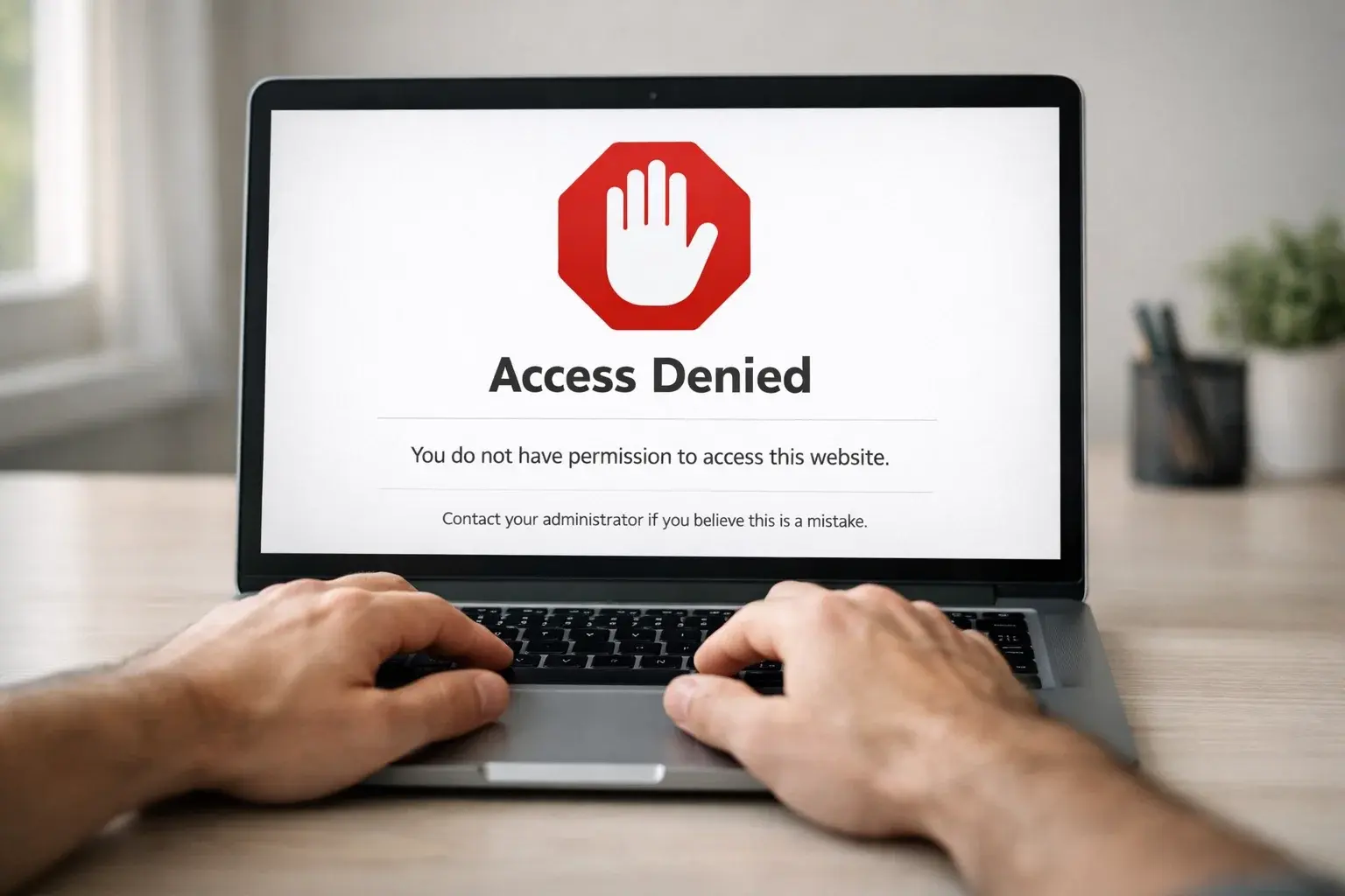 Laptop screen displaying a blocked website notification with a person