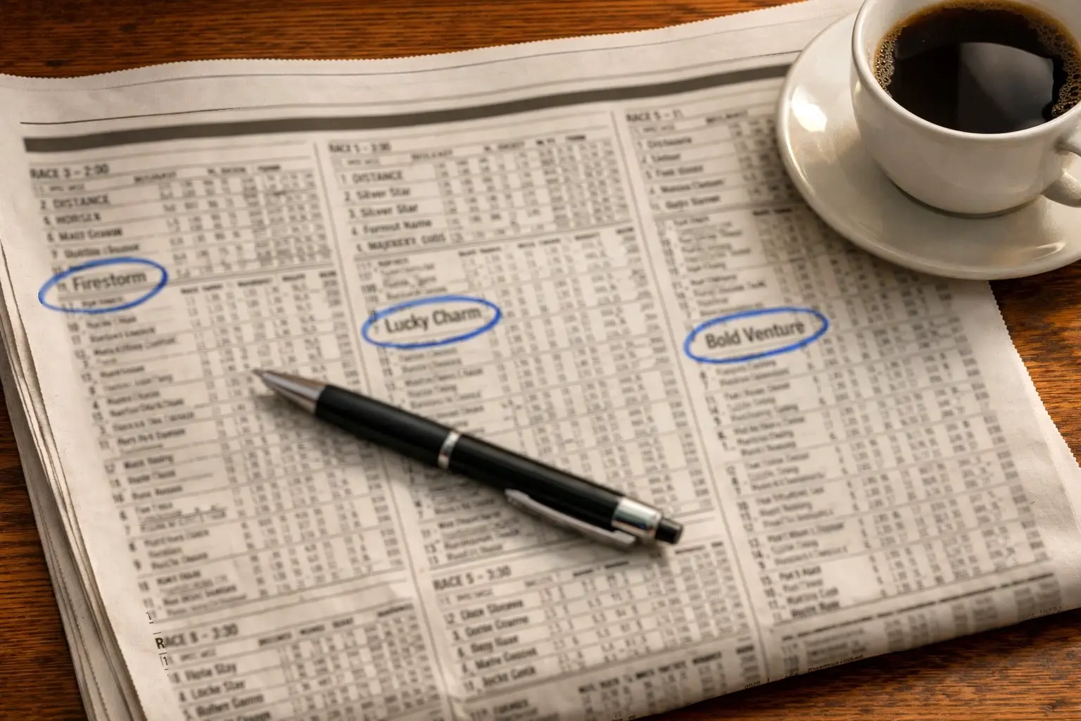 Open newspaper showing a detailed horse racing form guide with a pen resting on the page