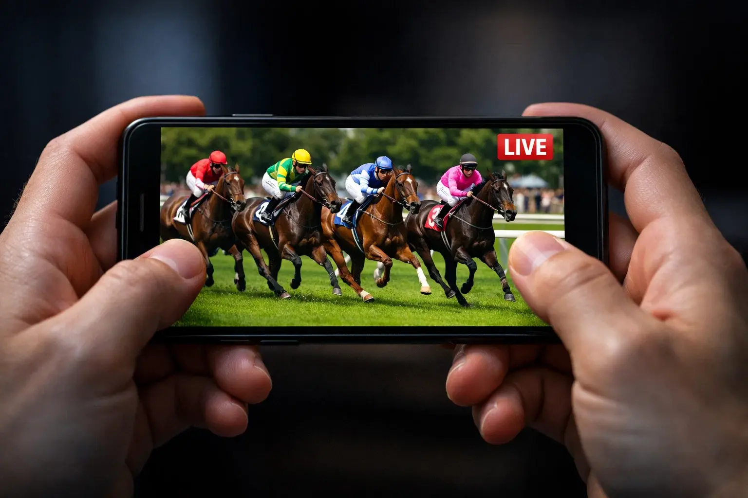 Person watching a live horse race on a smartphone held horizontally with horses mid-gallop on screen