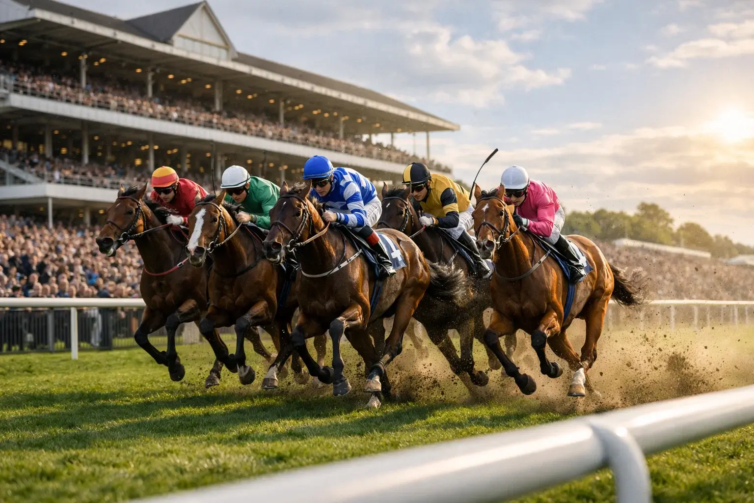 Laptop screen showing a live horse racing stream with horses mid-race on a green turf course