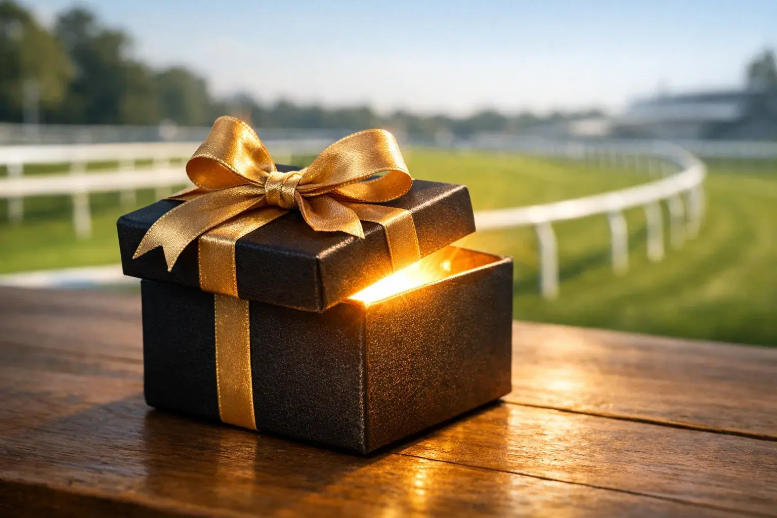 Gift box opening with a golden glow beside a horse racing track railing on a sunny day