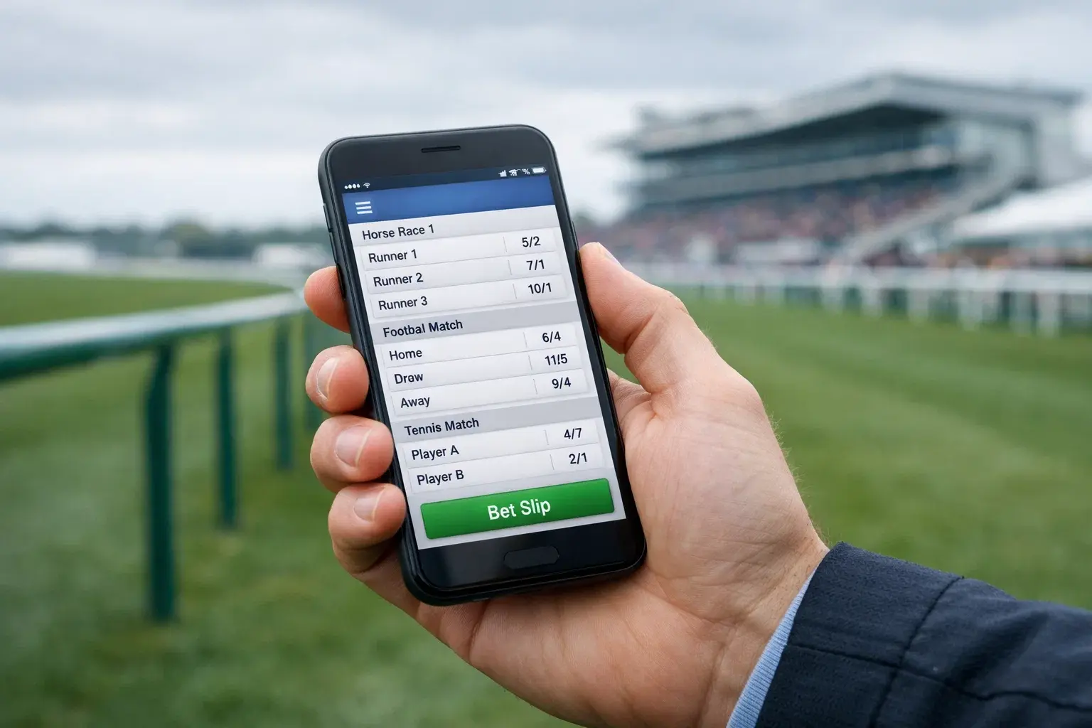 Punter placing a horse racing bet on a smartphone at a British racecourse