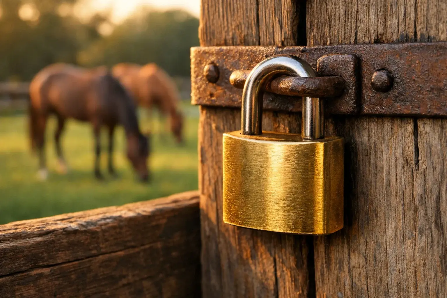 Close-up of a padlock resting on a stable door with horses visible in the background paddock