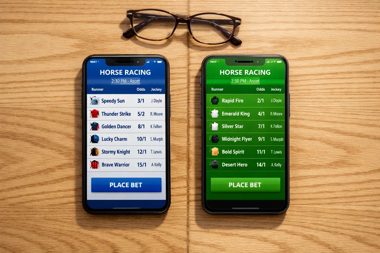 Two smartphones side by side showing different horse racing betting interfaces on a wooden table