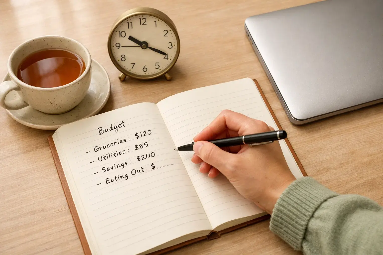 Person writing in a notebook at a calm desk with a clock and a cup of tea nearby