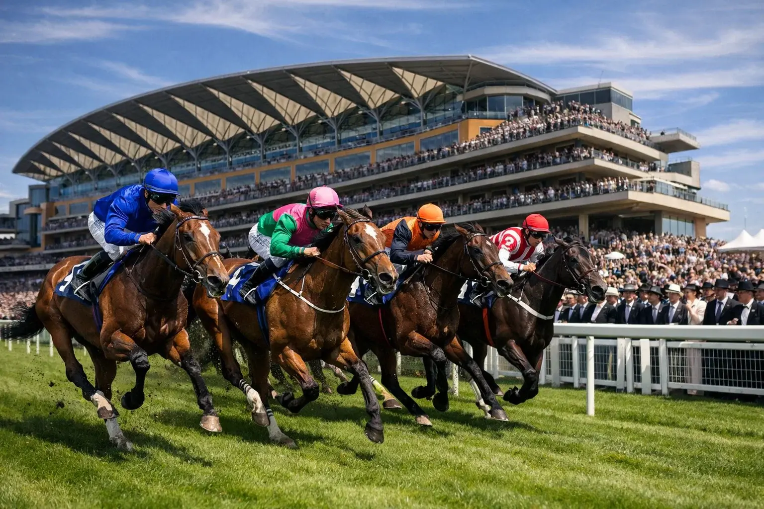 Horses racing past the Royal Ascot grandstand on a sunny June afternoon with spectators in formal dress