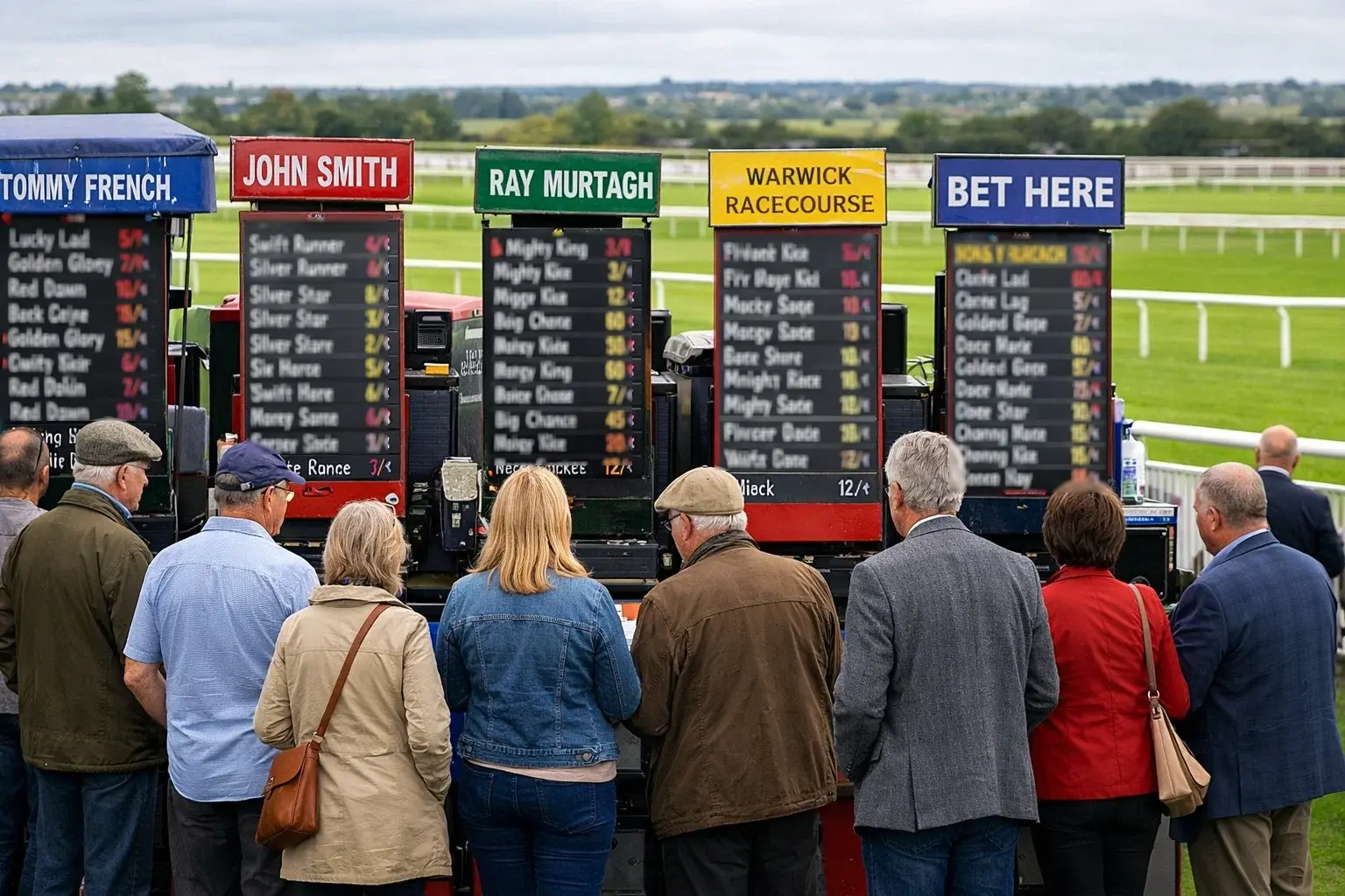 Row of bookmaker stalls at a British racecourse with punters studying the odds boards