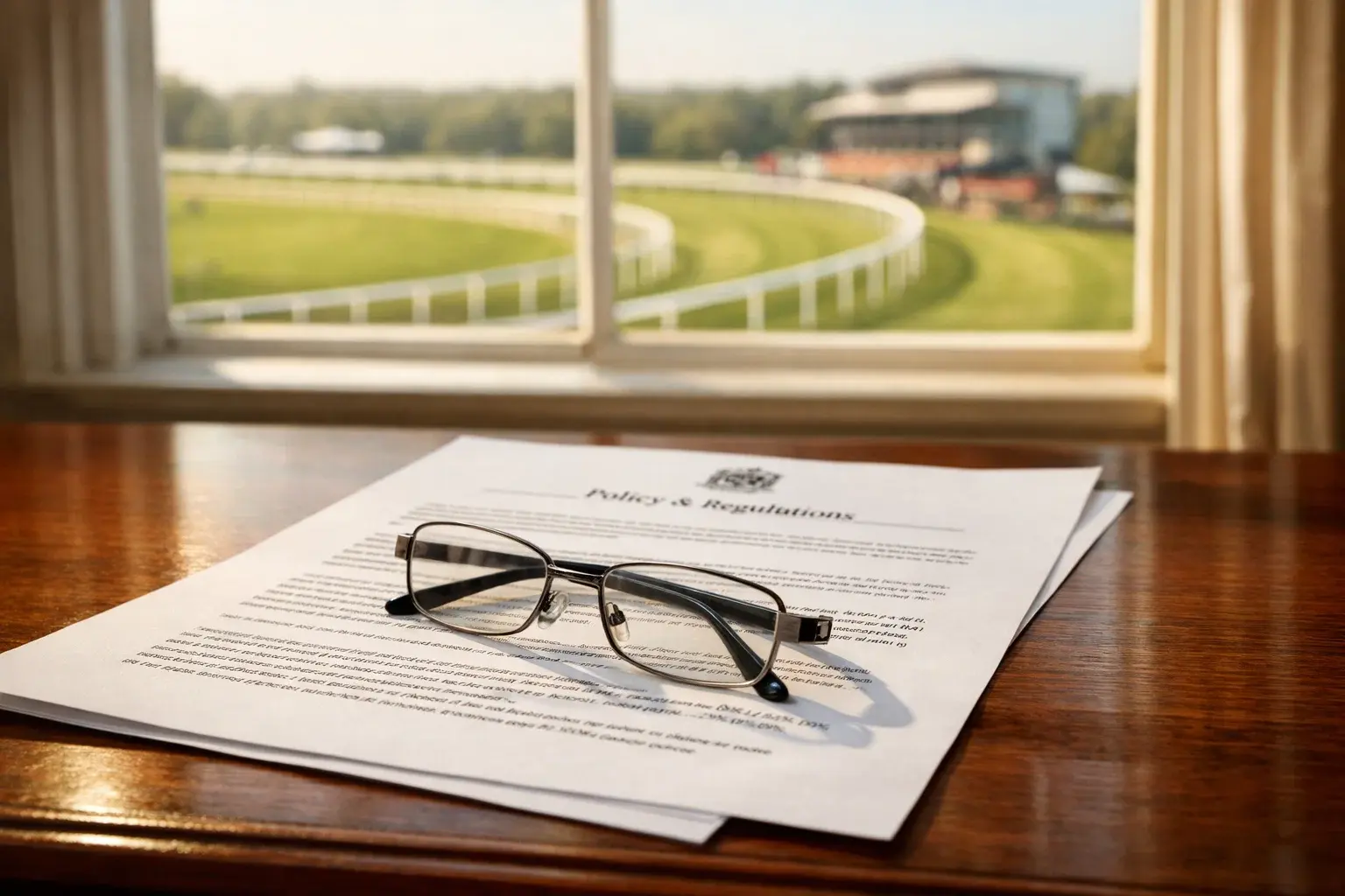 Official document with tax figures on a desk beside a window overlooking a British racecourse
