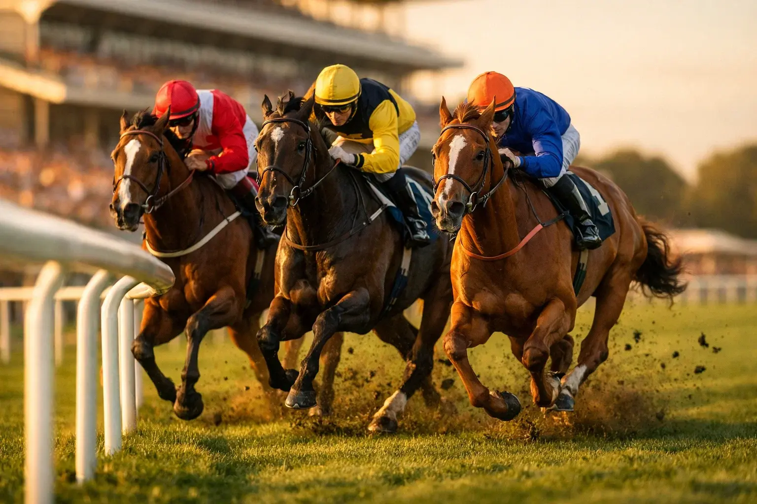 Horses racing on a green turf track during a UK flat racing event at sunset