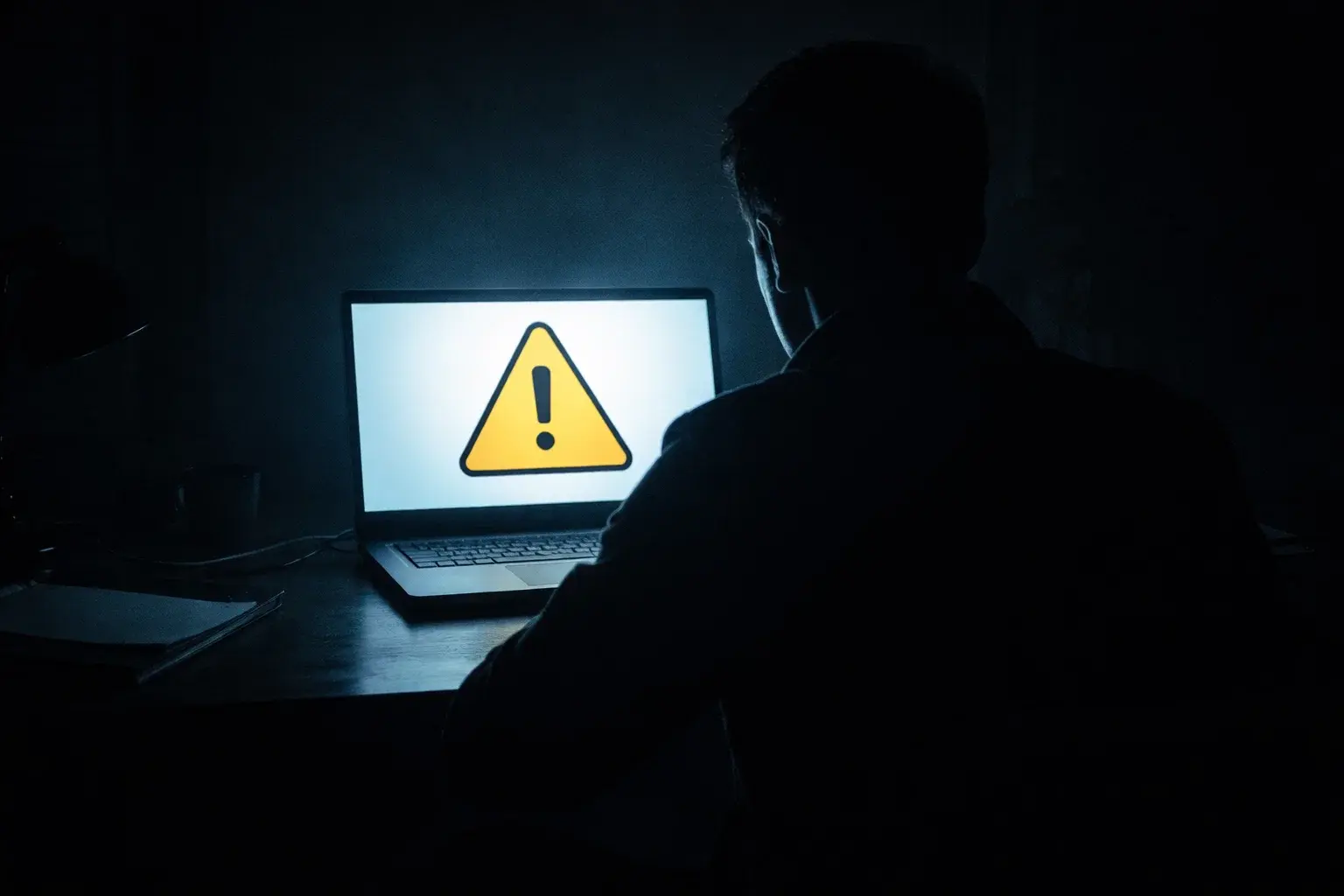 Dark shadowy figure at a laptop in a dimly lit room with a warning triangle icon on screen