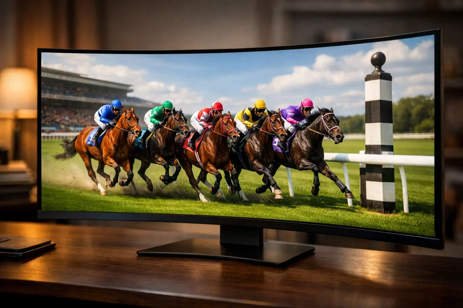 Virtual horse racing simulation on a large screen with colourful digital horses mid-race on a green turf track